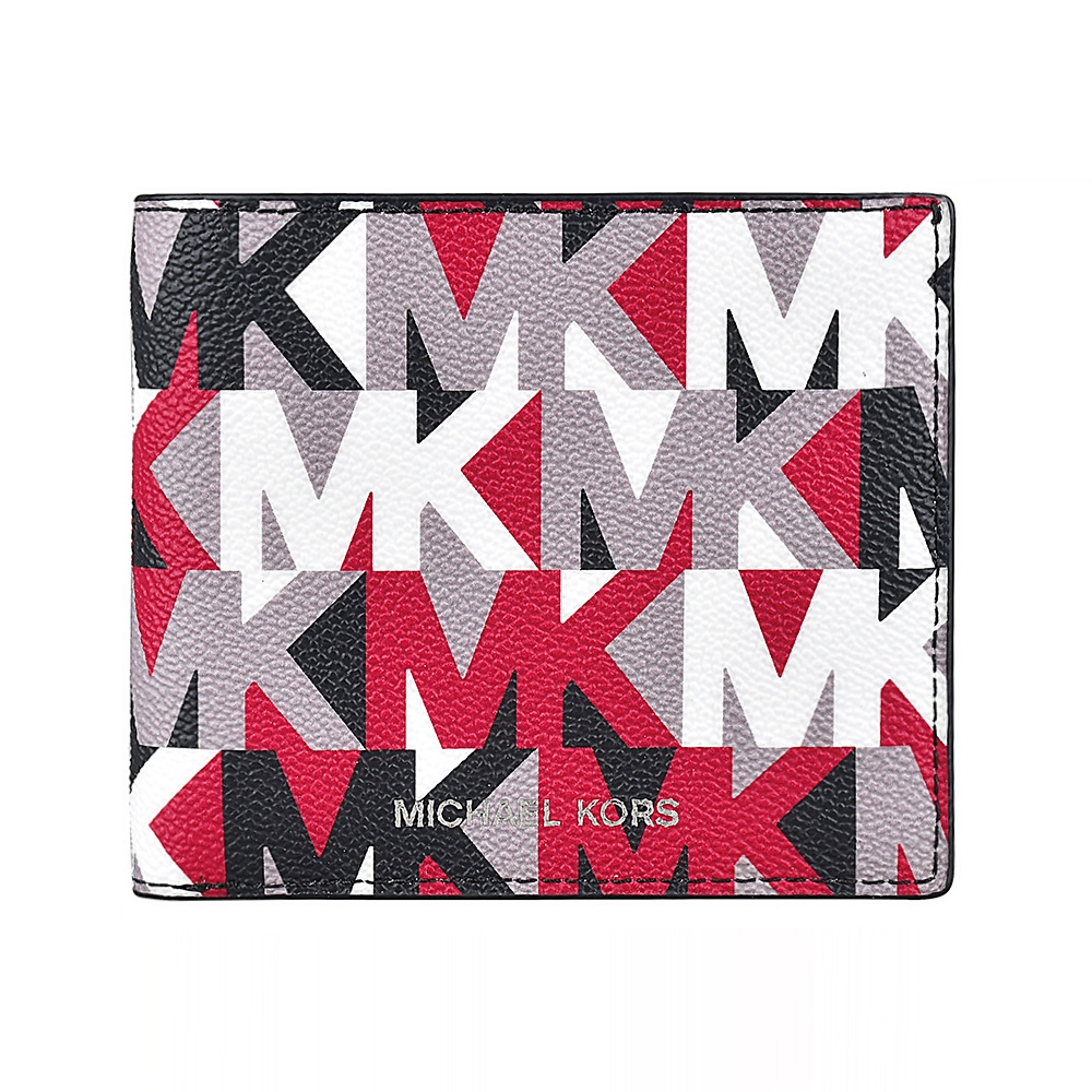 MK MICHAEL KORS COOPER銀字LOGO字母縮寫印花PVC 8卡對折短夾(展示品/赤紅x多彩)