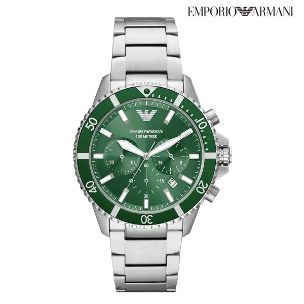 EMPORIO ARMANI 亞曼尼 Diver 都會菁英綠面潛水手錶 銀色不鏽鋼鍊帶 43mm AR11500