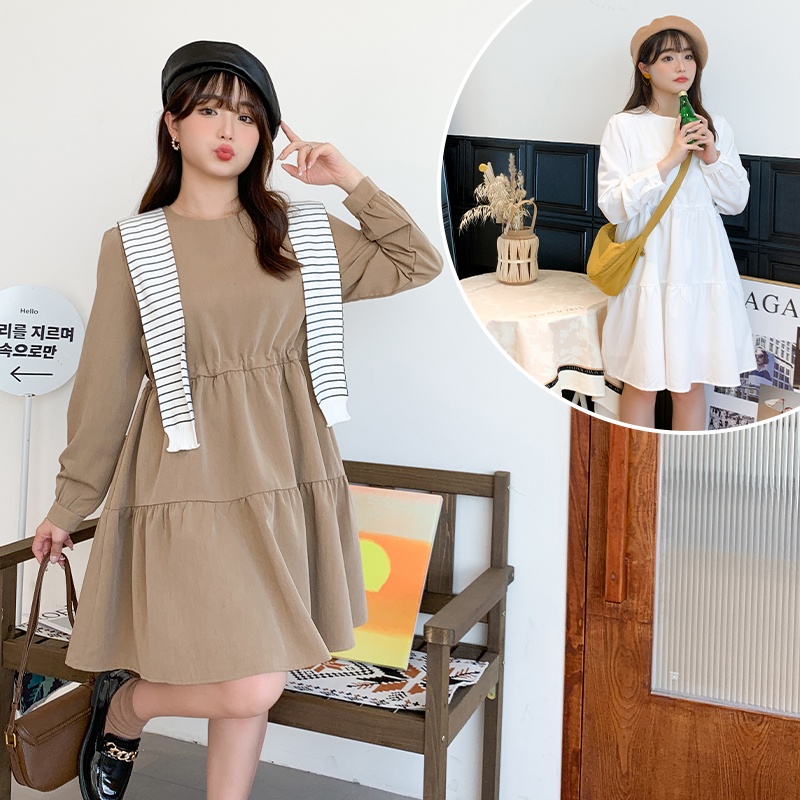 CCGIRL中大尺碼 俏皮腰綁帶蛋糕裙長袖洋裝 －共2色－ 適L～5L《 31631 》大尺碼女裝 中大尺碼洋裝