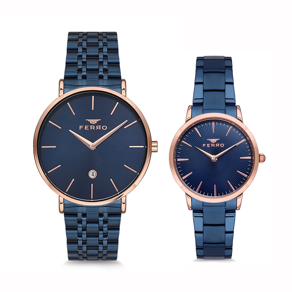 FERRO 女手錶 男手錶 情侶對錶 鐵帶 帶日期 指針 石英錶 金屬錶框 禮物 情人節 禮盒