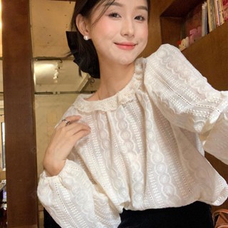 ✿法式甜美秋裝新款小翻領蕾絲鉤花泡泡寬鬆長袖襯衫女裝上衣#AJE
