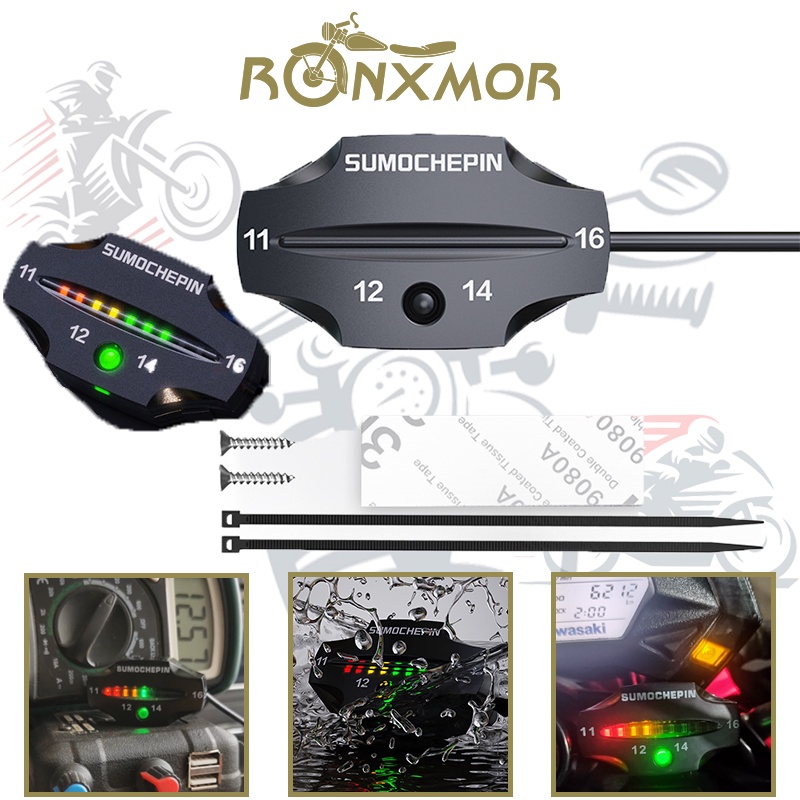 Ronxmor 摩托車電壓表 LED 12V 數字電壓表多功能防水 IPX6 藍色紅色綠色 12V LED 三色指示燈數