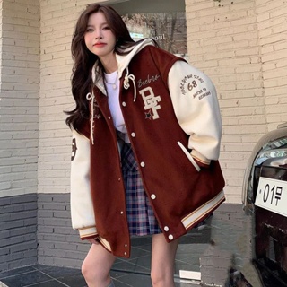 美式復古棒球服外套女秋冬季新款刷毛加厚學生韓版寬鬆連帽夾克