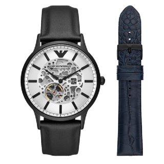 EMPORIO ARMANI 亞曼尼 Meccanico 潮流風尚鏤空機械手錶套組 黑色x深藍色皮革錶帶 43mm AR