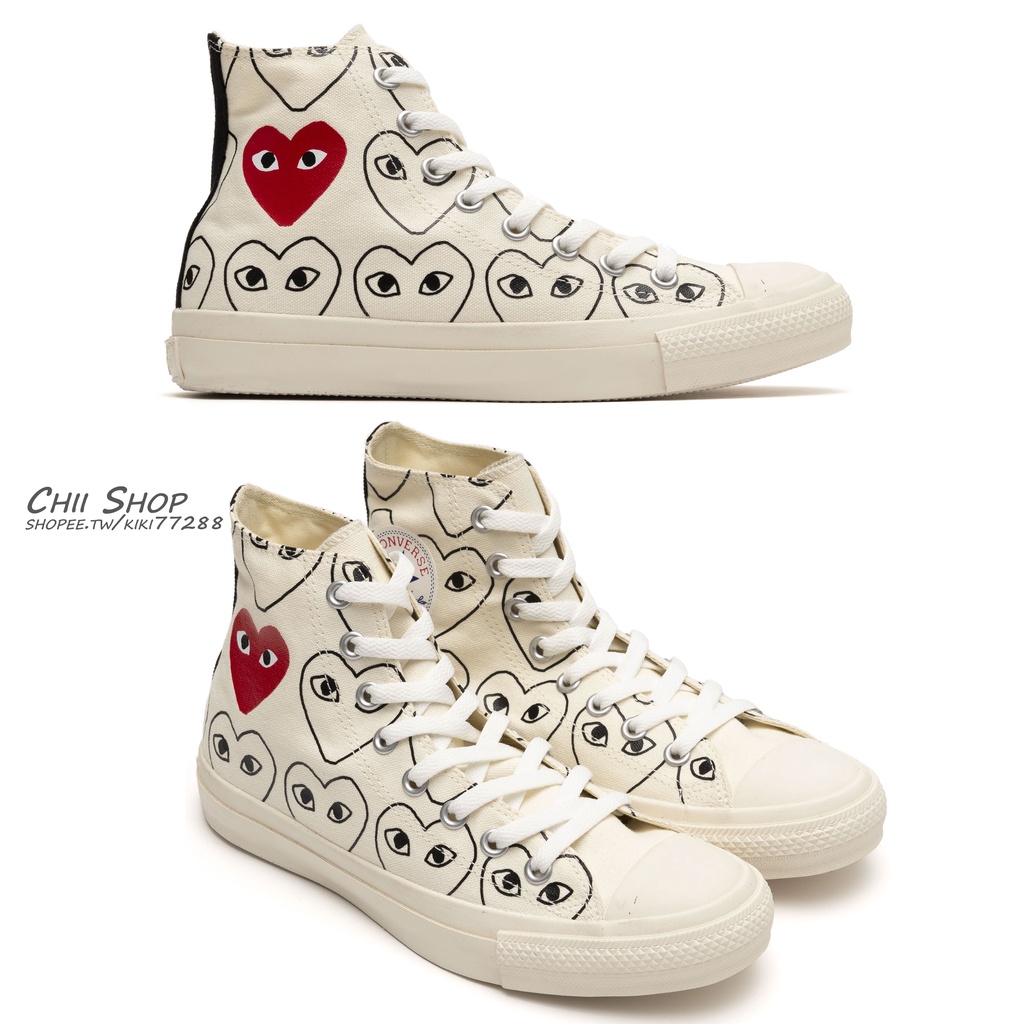 【CHII】日本限定 Converse × PLAY Comme des Garçons 川久保玲 滿版愛心 高筒 米白