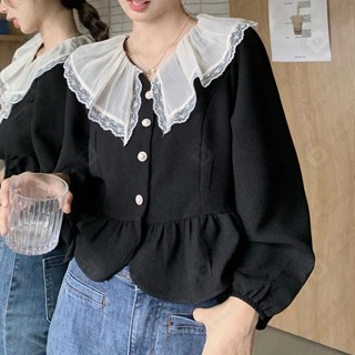 ✿法式氣質秋季新款蕾絲拼接娃娃領泡泡長袖襯衫女裝上衣#AJE