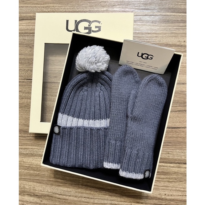 UGG 嬰幼兒 兒童 灰藍色 保暖羊毛 毛帽 手套 2-4y