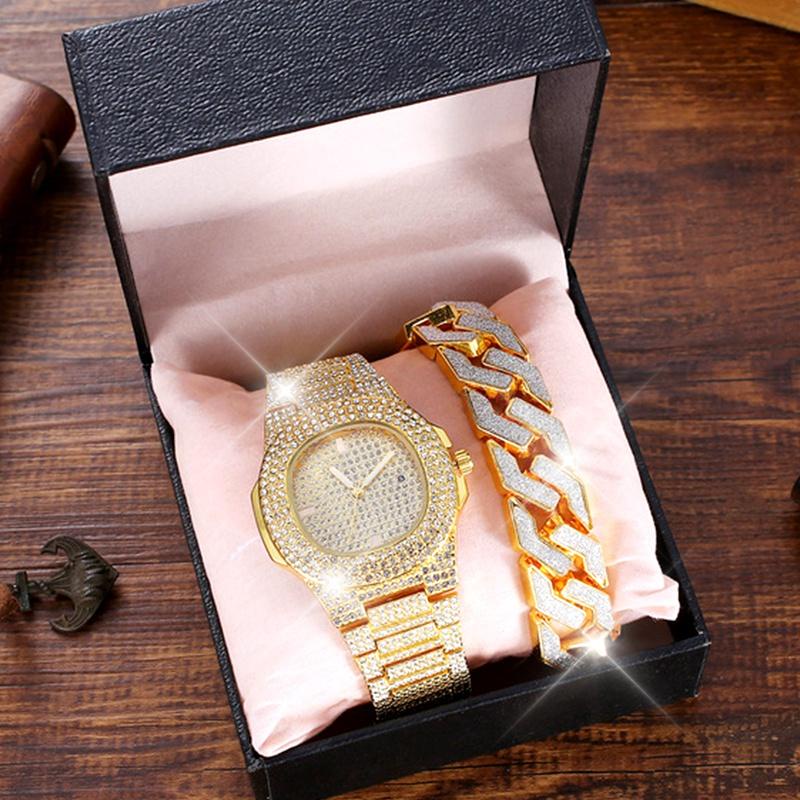 全新 HIP HOP 黃金手錶男士鑽石手鍊手錶豪華 Iced Out 男士石英手錶日曆大錶盤男士