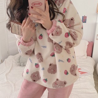 秋冬睡衣女 睡衣女 家居服套裝 韓國ins睡衣女冬季加厚刷毛珊瑚絨秋冬草莓小熊法蘭絨家居服套裝
