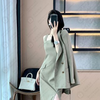 韓國chic 春秋寬鬆長袖西裝外套 開叉吊帶裙兩件套 女神範 氣質顯瘦休閒職業套裙 OL風 時髦裙套裝 兩件式#AAD