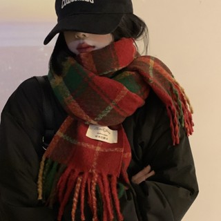 【 T-SKE旗艦店 】紅色格子圍巾女冬季韓版2025新款百搭加厚保暖圍脖學生聖誕節禮物披肩女
