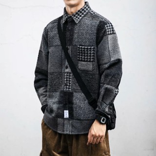 【 Gshop.】日系復古拼接格子襯衫男磨毛長袖休閒加厚百搭毛呢外套