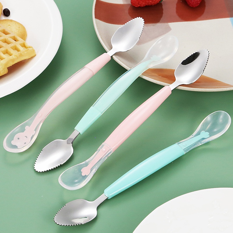 居家創意304不鏽鋼水果刮泥勺 矽膠勺子 寶寶輔食勺 嬰兒餵養兩用勺子 雙頭蘋果泥勺子