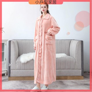 浴袍 珊瑚絨睡袍 家居服 睡衣 睡袍 家居服 可愛情侶睡衣 秋冬睡裙女睡袍加厚法蘭絨浴袍長款大碼紐扣孕婦到腳踝珊瑚絨睡衣