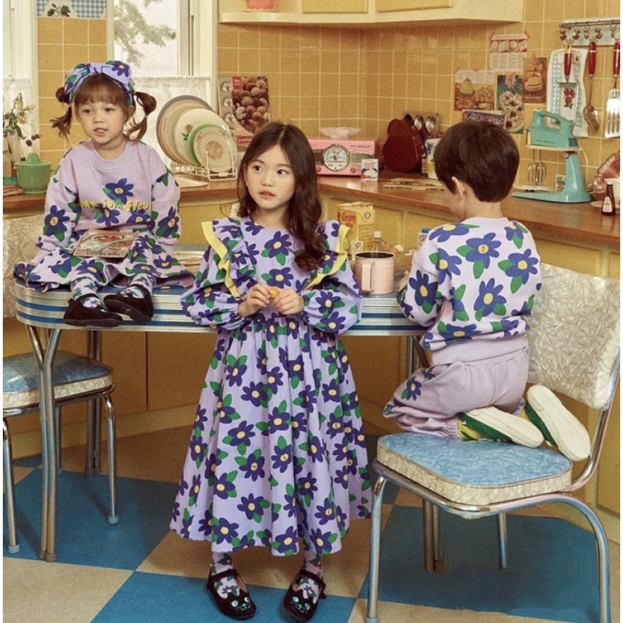 IRIS KIDS BEBE SERIES 春季童裝新品 IKS0012 小眾韓國設計 紫色碎花純棉童裝洋裝長袖新品
