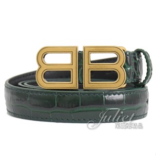 【茱麗葉精品】BALENCIAGA 巴黎世家 673518 復古BB LOGO鱷魚壓紋皮帶.墨綠 多尺寸 現貨在臺