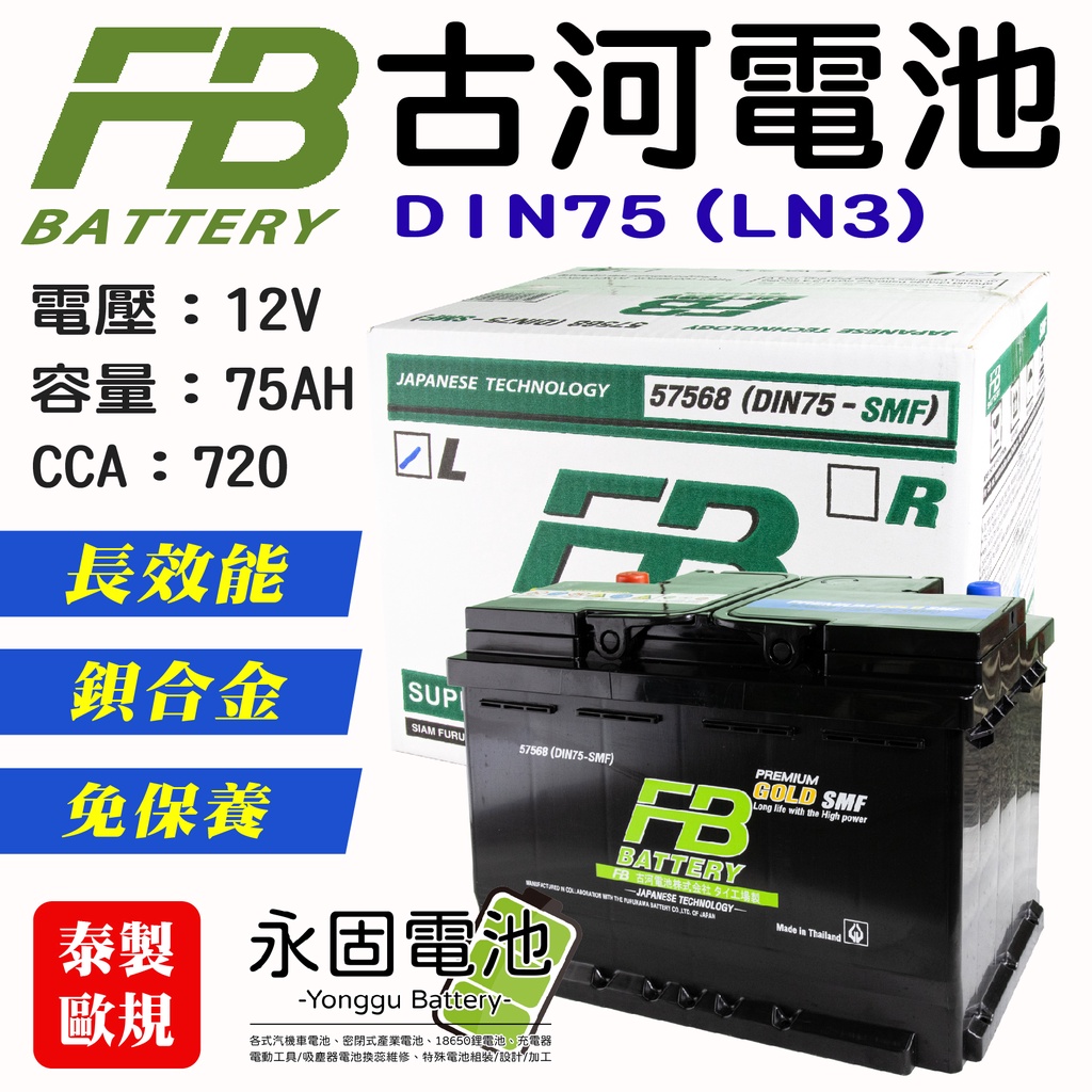 「永固電池」 FB 古河 DIN75 LN3 12V 75Ah CCA720 長效能 泰製 歐規 免保養 汽車電瓶
