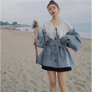 蕾絲花邊 風衣拼接外套女 春季新款 韓版寬鬆時尚（388）