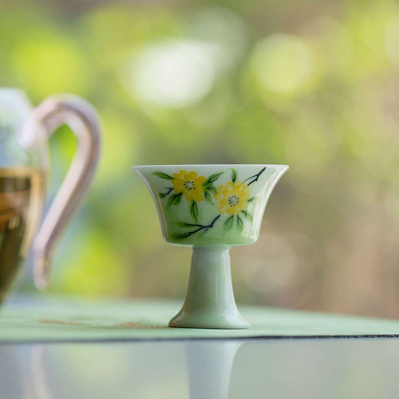 純手繪黃木香霧綠清塵茶杯【化雲】陶瓷茶杯家用主人杯單個品茗杯高足杯【A050】