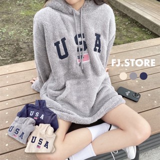 【FJstore】最後現貨 韓系 USA 國旗 刺繡 毛毛 寬鬆 連帽 長袖 帽踢 帽T 女生長袖 長袖上衣 情侶
