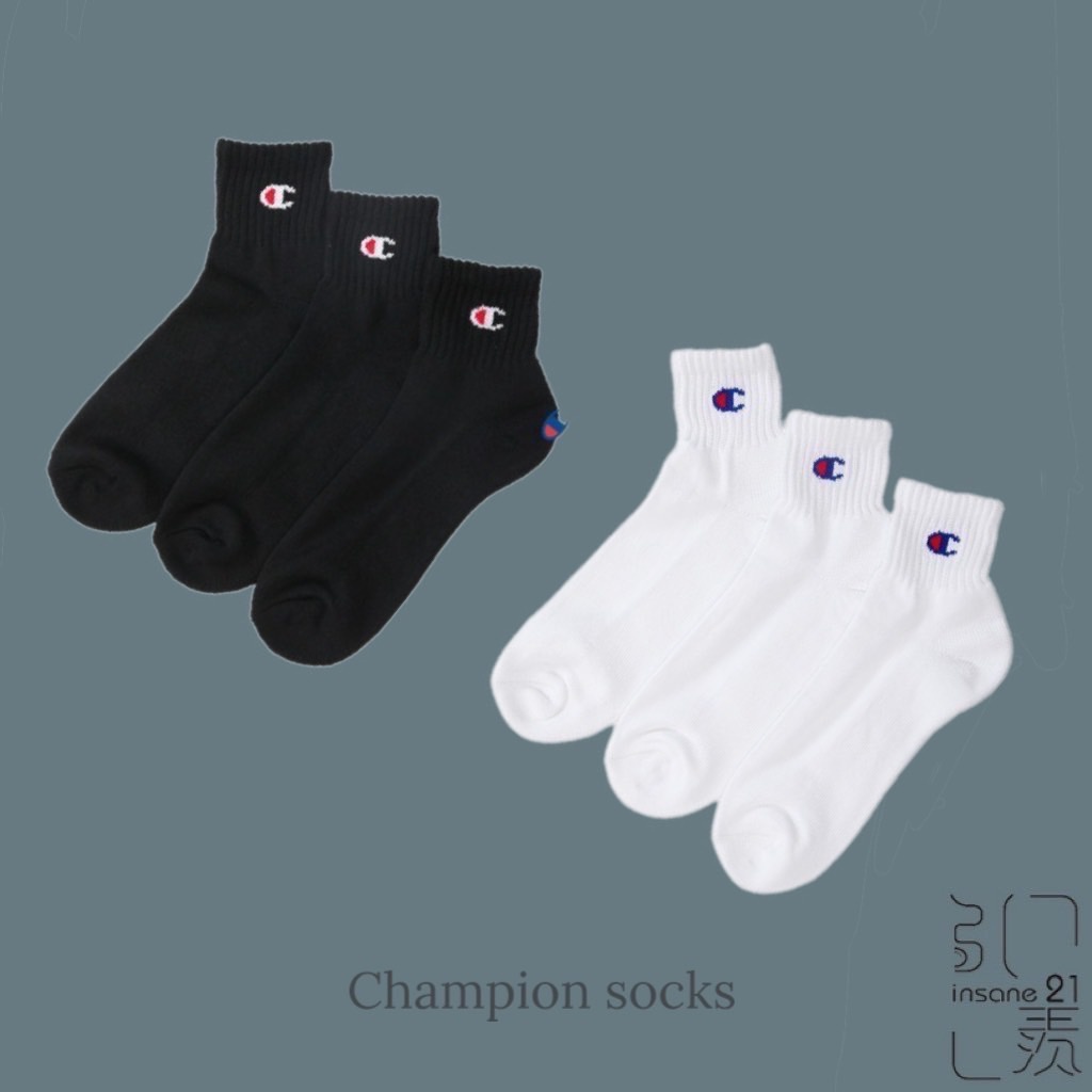 CHAMPION SOCKS 白 黑 小LOGO 中筒襪 情侶 黑白 基本款 三雙一組【Insane-21】