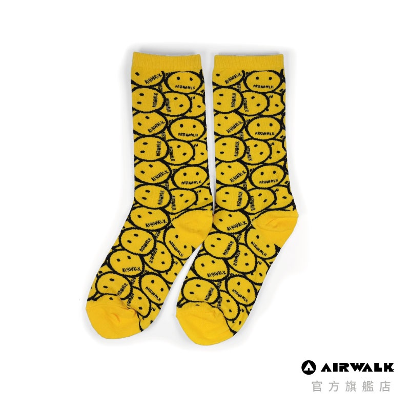 AIRWALK 都會生活 黃色 運動襪 台灣製造 AW53506 滿版笑臉潮流襪 潮襪 滑板 學生襪 棉襪