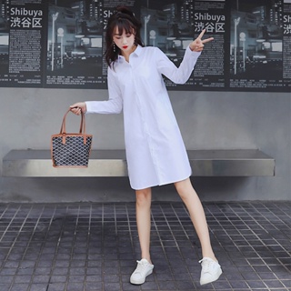 白色襯衣女 2023 春季新款 學生 韓版 寬鬆 中長款 長袖 襯衫 連衣裙 連身裙 外套