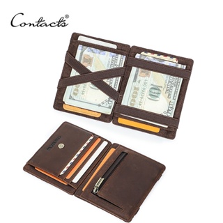 CONTACT'S 真皮卡包魔術錢包修身雙折 RFID 男小錢包拉鍊零錢包迷你錢包錢夾