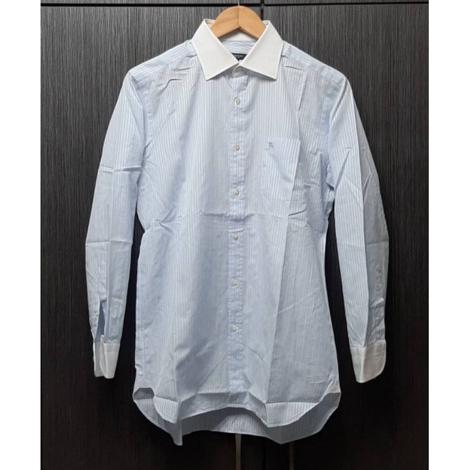（日本製）正品BURBERRY 博柏利 LONDON 戰馬 男淺藍色條紋純棉長袖襯衫39號