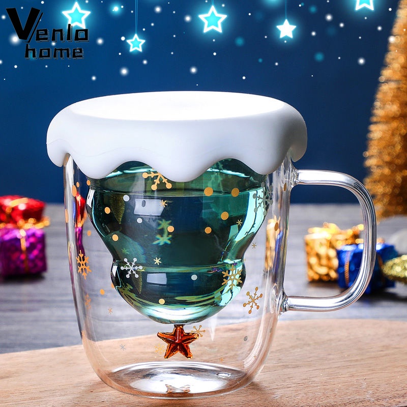 帶勺子300ml創意聖誕樹玻璃杯耐熱雙層玻璃杯咖啡杯帶蓋可愛聖誕禮物女孩