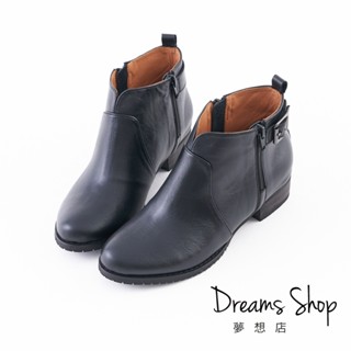 DREAMS SHOP 台灣真皮減壓金屬釦飾V口雙拉鍊平底短靴 黑色【JD3057】大尺碼靴子37-46