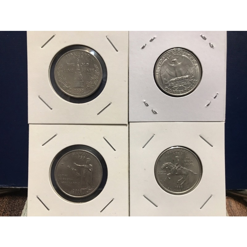 美國🇺🇸「50州25美分紀念幣」-德拉瓦州（最早 ）+夏威夷州（最後加入）馬里蘭州+流通幣（共4枚）