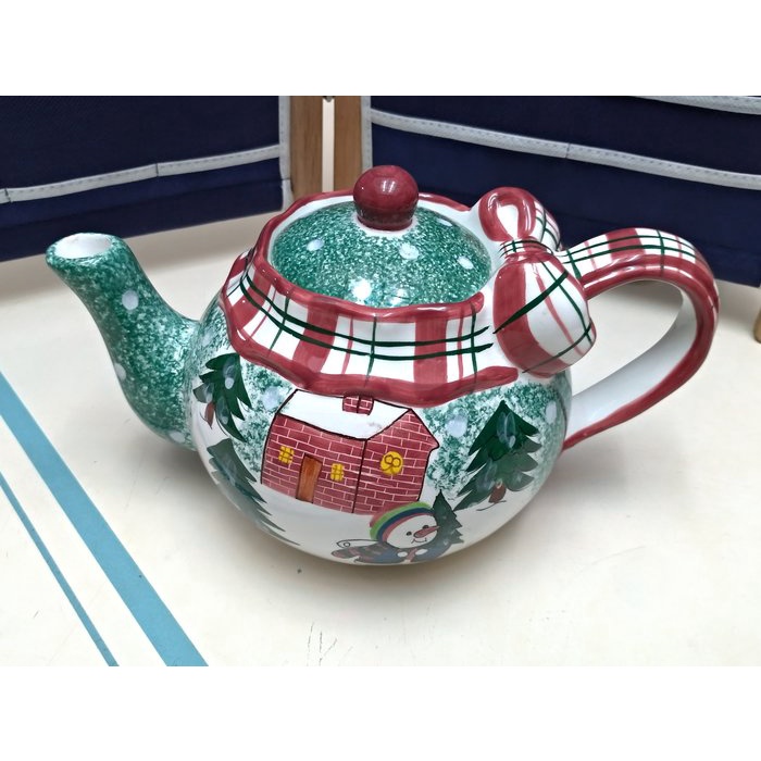 瓷器彩繪茶壺 節慶瓷器茶壺 聖誕節茶壺 彩繪大茶壺 把手蝴蝶結設計