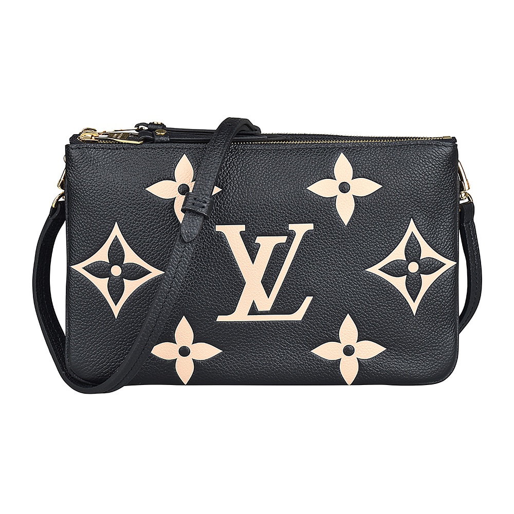 LV M80787 POCHETTE壓花LOGO Monogram Empreinte牛皮雙拉鍊斜背包(黑x米)