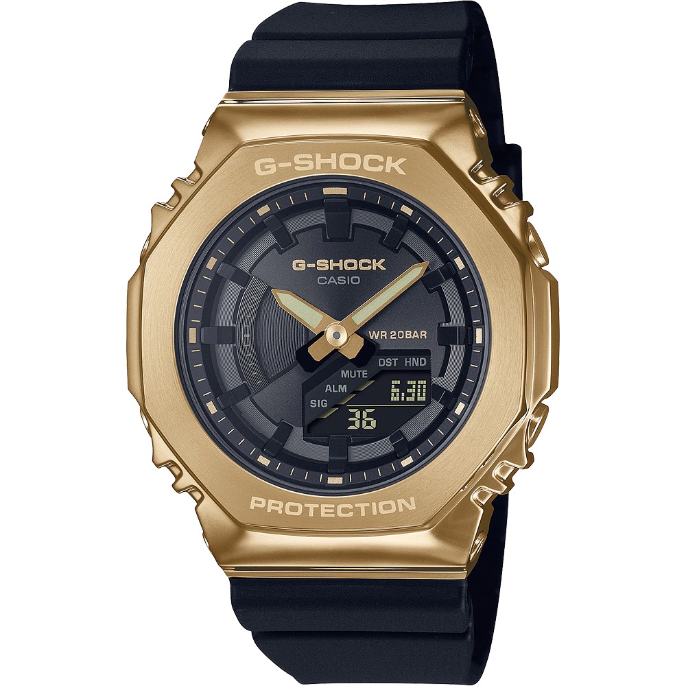 ∣聊聊可議∣CASIO 卡西歐 G-SHOCK 極簡奢華 金屬色雙顯電子錶-黑X金 GM-S2100GB-1A