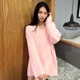 海毛V領長版上衣【1025】33女裝批發價秋冬新款韓系INS修身顯瘦氣質網紅V領海毛長袖針織長版水貂毛上衣 針織毛衣女