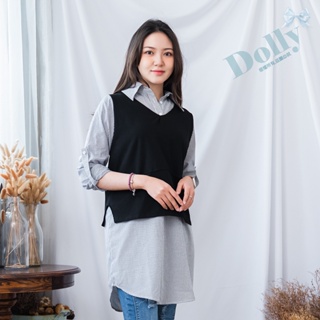 台灣現貨 大尺碼黑白條襯衫罩黑背心假2件式上衣-Dolly多莉大碼專賣