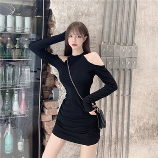 衣時尚.長袖短裙 收腰洋裝 連身裙 S-2XL韓版流行露肩小眾黑色緊身禦姐輕熟風氣質連身裙X2.