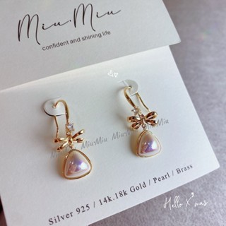 Miu•Miu-現貨-A22-925銀針 金色蝴蝶結三角珍珠耳勾-24小時內發貨