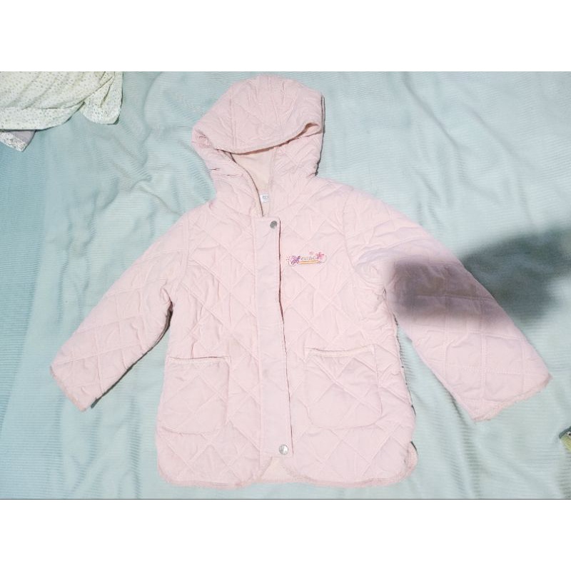 女童 保暖 鋪棉 菱格紋 大衣 外套 粉紅色