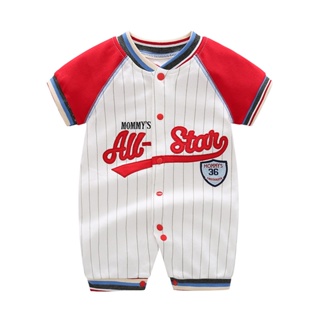 夏季嬰兒連身衣新款連身衣純棉短袖棒球外套棒球服男嬰休閒連身衣嬰兒印花連身衣