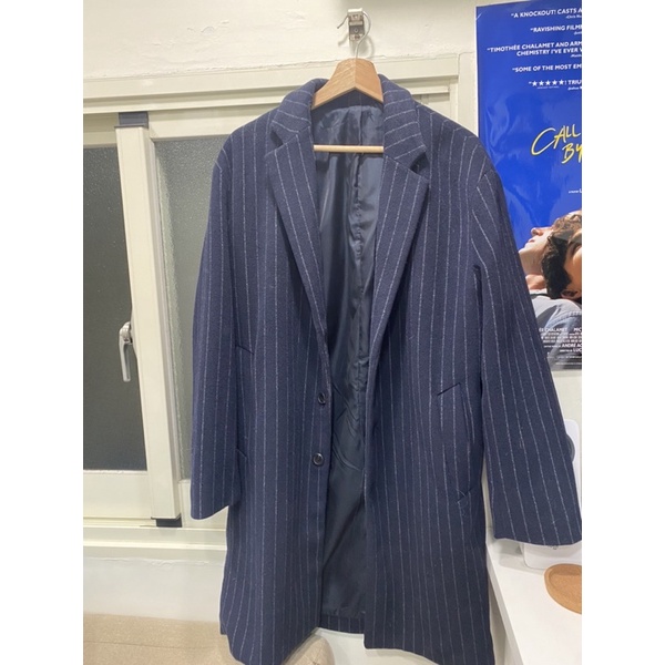 韓國 SPAO藏藍直條紋大衣 冬季大衣