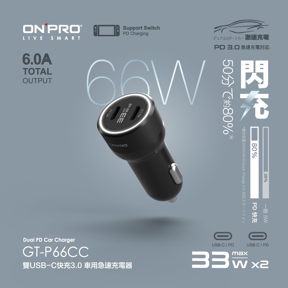 ONPRO 車充 車用 充電器 PD快充 66W 雙USB-C PD超急速 GT-P66CC 台灣公司貨 原廠正品