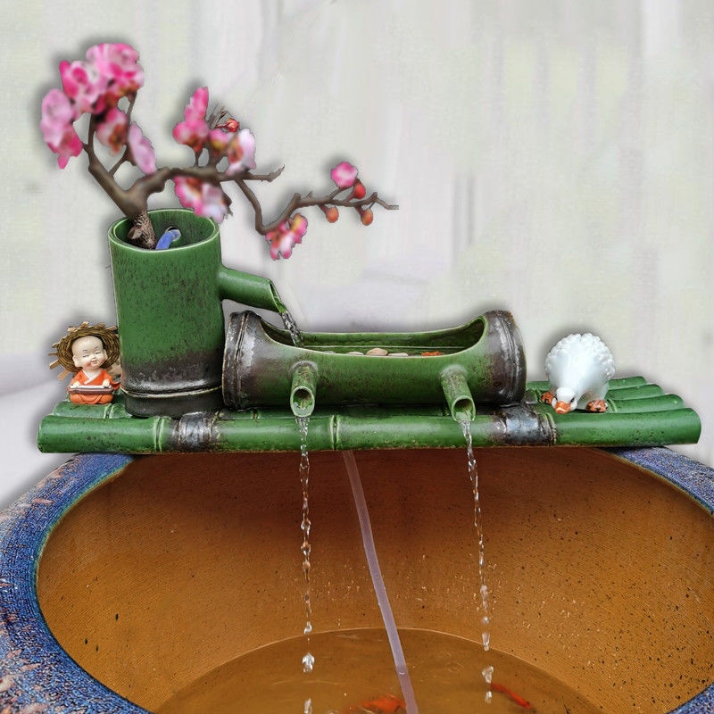 陶瓷過濾器仿竹子流水養魚擺件大水缸造景循環系統 流水器配件
