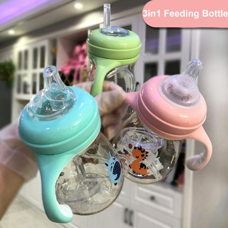 ℗❈✎3 合 1 嬰兒奶瓶寬口徑兒童 300ml 嬰兒奶瓶鴨嘴杯吸管杯新生兒專用奶嘴學習飲料杯