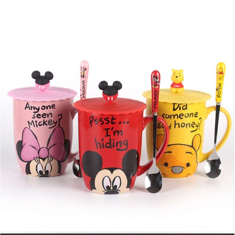 ✨迪士尼馬克杯創意個性大容量水杯陶瓷公主米奇杯子帶蓋勺可愛韓國 杯子禮物餐具 米奇米妮奇奇蒂蒂 維尼小豬✨