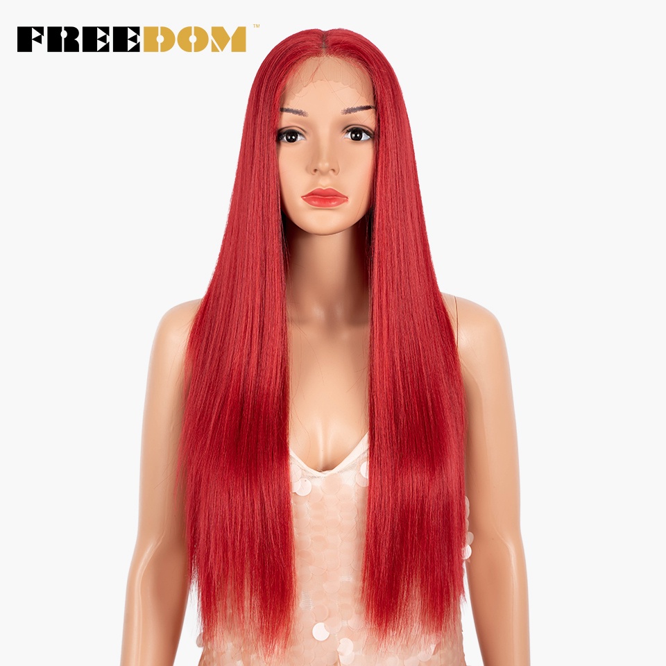 Freedom 合成蕾絲假髮 28 英寸長直發假髮柔軟紅色橙色金色蕾絲前假髮適合黑人女性角色扮演假髮