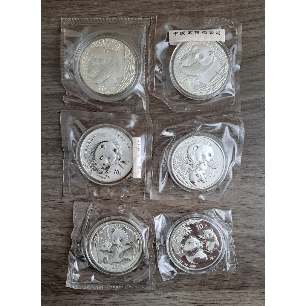 絕版 中國 999純銀純銀 紀念幣 2001-2006年 1盎司/oz 熊貓 銀幣共6顆1套 品相如圖 值得收藏