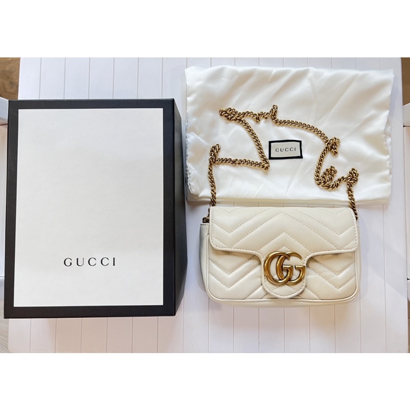 保證正品二手Gucci米色馬夢Marmont翻蓋mini金鏈包