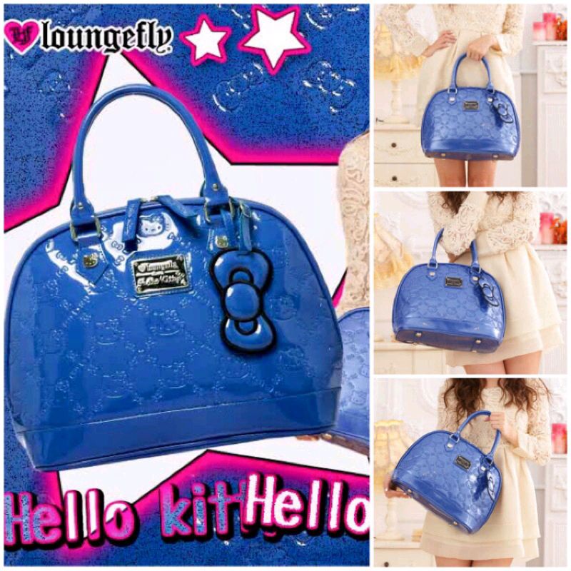 （二手極新）Loungefly x Hello Kitty 聯名絕版正品 寶藍色艾瑪包貝殼包手提包亮面包漆皮包